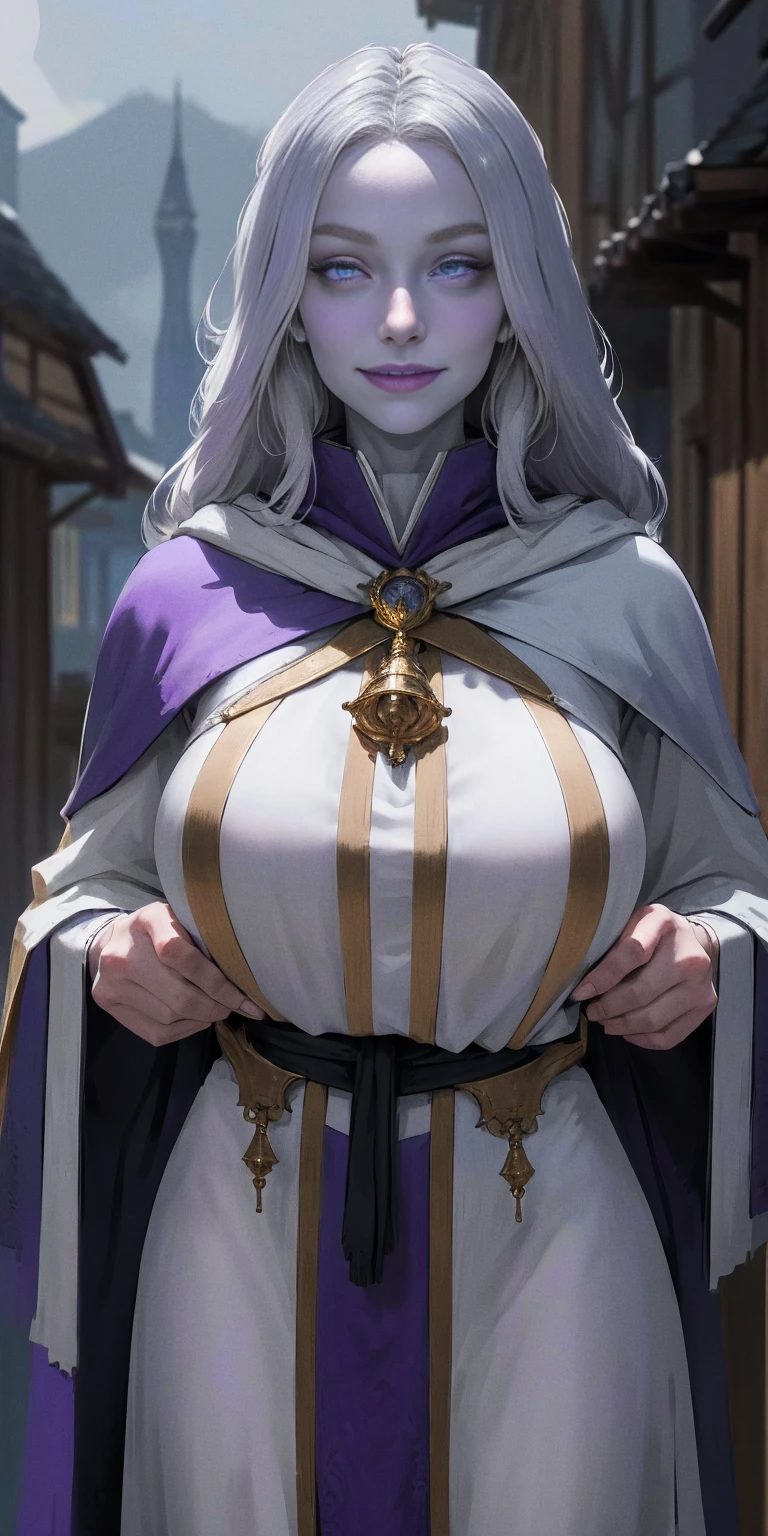 (Triplets)(chest covered)(smile)Gray skin, pale golden hair and violet eyes. They prefer clothing of white and silver with cloaks of deep blue or purple,village background, huge_knockers, ((very precise detailed)), ((highres)