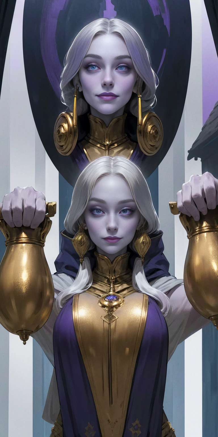 (Triplets)(chest covered)(smile)Gray skin, pale golden hair and violet eyes. They prefer clothing of white and silver with cloaks of deep blue or purple,village background, huge_knockers, ((very precise detailed)), ((highres)