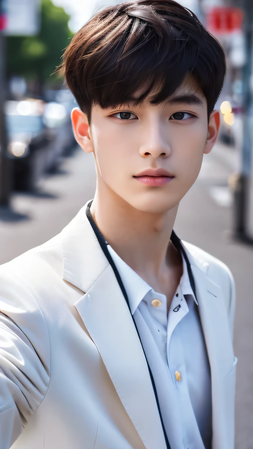 Highest quality, masterpiece, Ultra-high resolution, (Realistic: 1.4), Original photo, wallpaper, Head Photo, skin, Simple Background, Iris, detailed, Selfie, 1 boy, 18-year-old, good looking, Wind,White suit、Street Corner