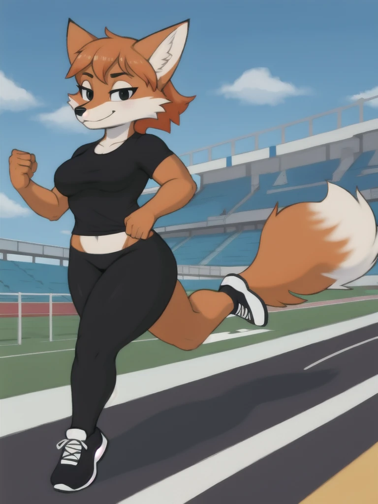 Furry, fox, female, black shirt, black leggings, shoes, running track, solo, full body
