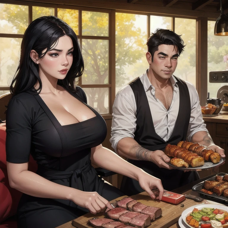 1girl with long black hair,black eyes,thin lips,round face,huge breasts with cleavage,wide hips,wearing long dress with apron,sitting on sofa answering phone,looking shy,mature man with husband,roasting meat on barbecue,10 year old boy helping with detailed perfected meat art,ambiance of house's leisure area,representing family,unfaithful wife on phone,husband roasts meat on barbecue with son,both two smiling,best quality,4k,8k,highres,masterpiece:1.2,ultra-detailed,realistic,photorealistic,photo-realistic:1.37,HDR,UHD,studio lighting,ultra-fine painting,sharp focus,physically-based rendering,extreme detail description,professional,vivid colors,bokeh,portrait