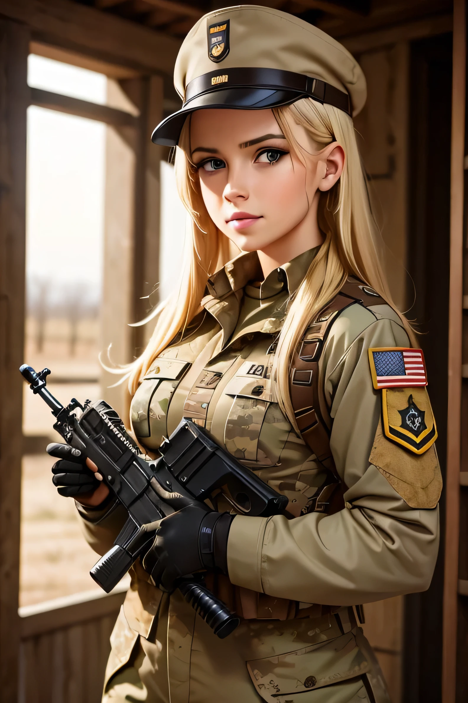 female soldier, U.s. military, beautiful appearance, blonde hair,