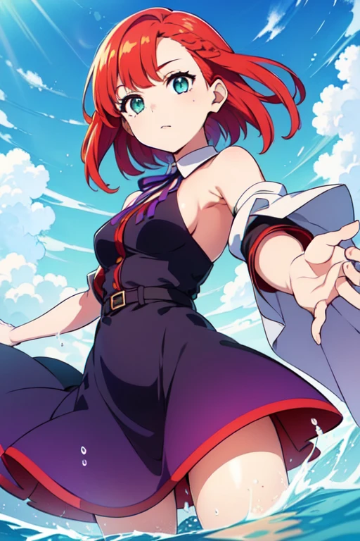 1.5),(1 girl),(Dynamic pose),(multicoloRedhead+Silver Hair:1.3+Redhead:1.2+Purple Hair+Yellow Hair:1.3+Green Hair:1.3),(blue eyes),(Neck ribbon),(floating),(cloud),(Too many droplets of water),(Twilight),(watercolor),(Wide Shot)