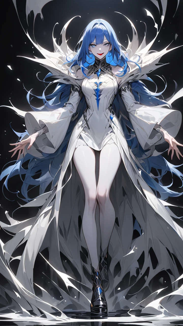 best quality、masterpiece、1 girl、black background、Blue Hair:1.5、blue eyes、Red lips, White clothes、Black and white world、Black and white world、Pale skin、Evil smile,(whole body:1.5),Standing,Show your feet,From head to toe,best quality, high resolution