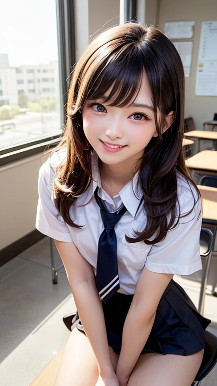 (classroom), (Beautiful and vibrant background), ((((Small_chest)))), (Chest cleavage), (high school girl), (School uniforms), skirt, (Beautiful black eyes down to the last detail), Sit at a desk, (Show me your thighs:1.4), (Full Shot:1.8), Dynamic pose, Big eyes, Give students a very strong highlight, (Heart shaped eyes), Very cute supermodel, (1 girl), (Beautiful Face), Perfect Face, (High nose), Laugh a little, Embarrassing, Laughing with your mouth open, Highest quality, High resolution, (Beautiful mature girl), (original), (masterpiece), (Very nice and beautiful), (Perfect detail), (Unity CG 8K Wallpaper), 