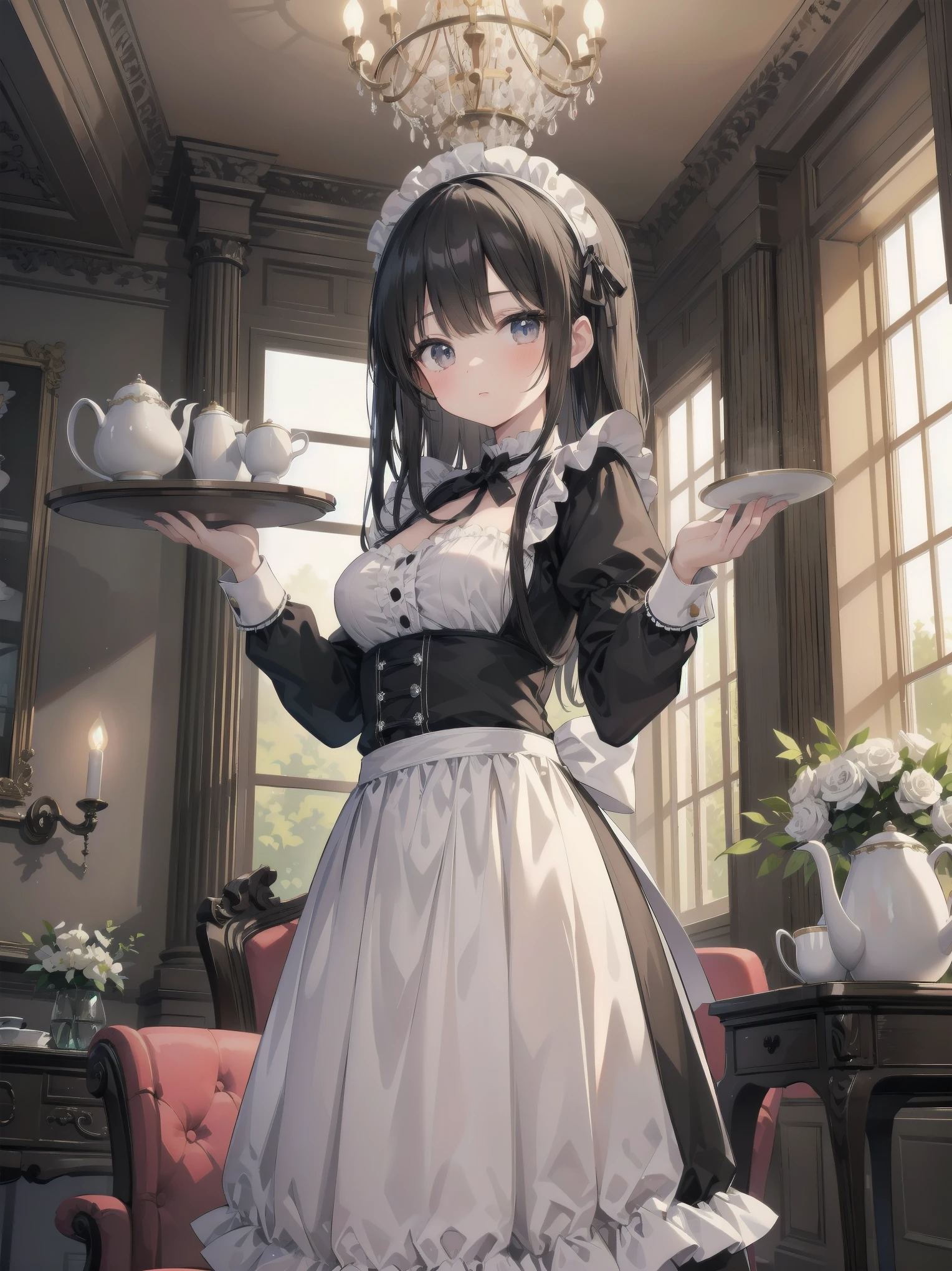 Illustration of a beautiful girl in a cute pose,(Masterpiece: 1.2), (Best quality: 1.2), A cute girl with long black hair, dressed in a classic black and white maid outfit with frilly lace and a matching headband, is standing in a beautifully decorated Victorian-style parlor. She is holding a silver tray with a teapot and teacup, her expression a mix of professionalism and warmth. The background includes ornate furniture, a chandelier, and large windows with heavy drapes, all bathed in soft afternoon light. This illustration emphasizes the elegant and welcoming atmosphere of a high-class tea service