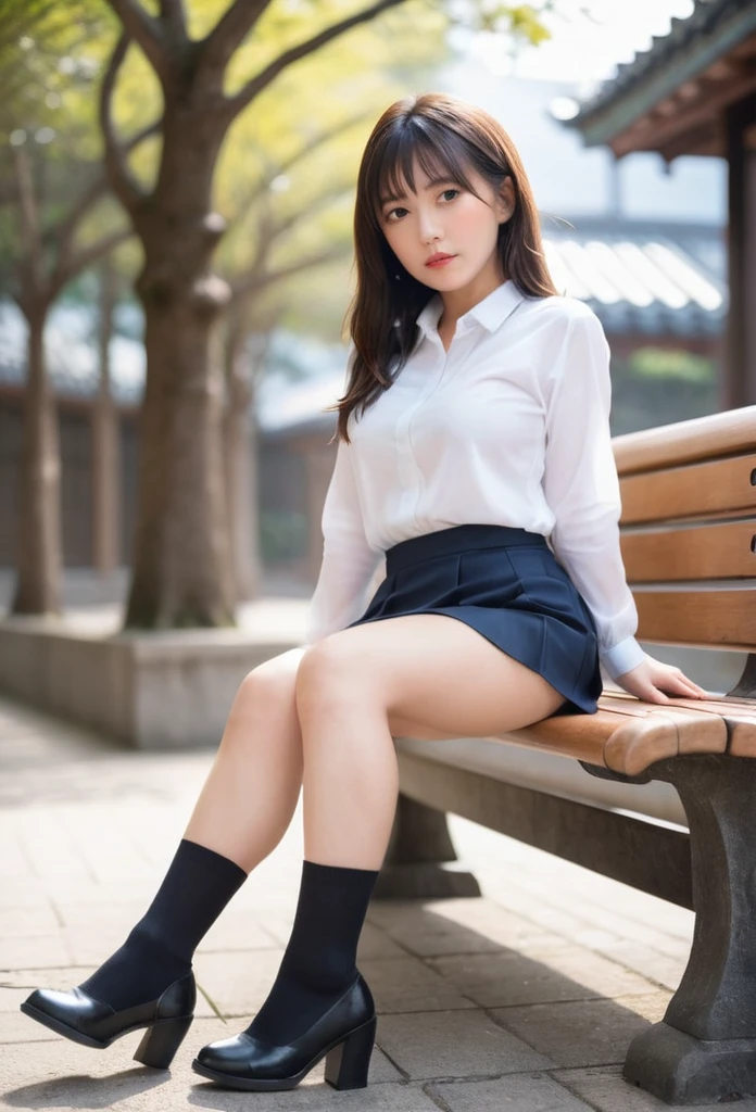 Shooting from the feet、mini skirt、No underwear、Sit on a bench with your legs spread、Take secret photos、Low angle shooting