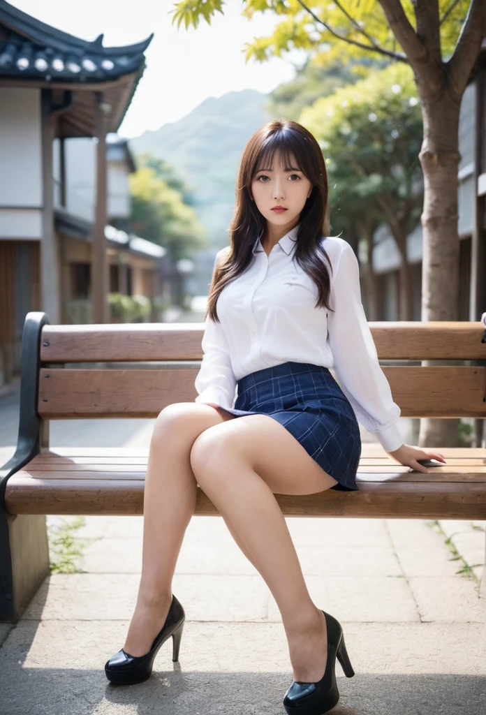 Shooting from the feet、mini skirt、No underwear、Sit on a bench with your legs spread、Take secret photos、Low angle shooting