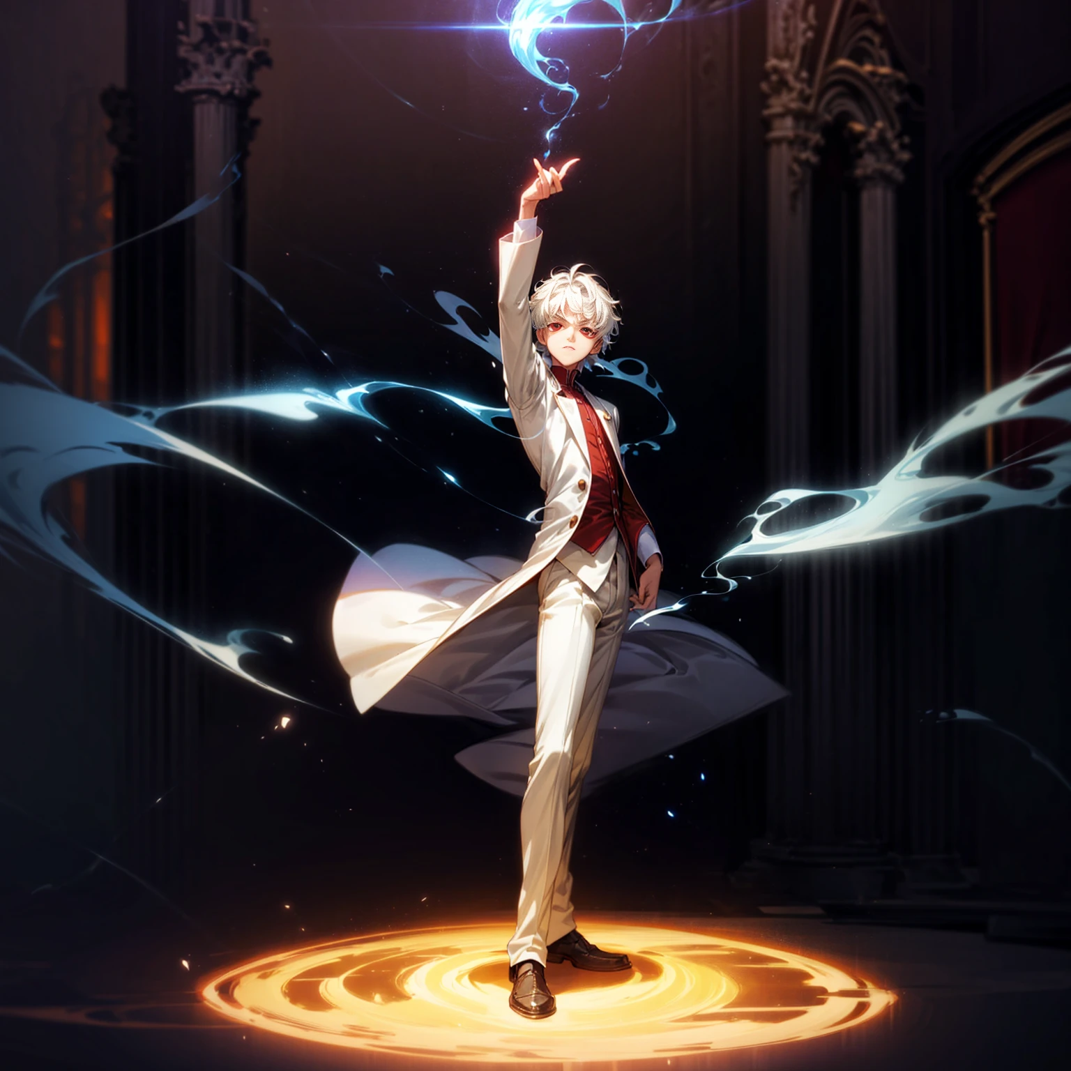 Solo, vampire, boy, Full body version, light red eyes, wavy haircut, white color hair, suit style outfit, Grassroots, full background indoor room Castle, motion blur, lighting, (one piece style art), light fire on hand, light fire in hand, standing gesture, light fire blue, smoke effect, plasma effect, aura effect, evening, ultra detailed 