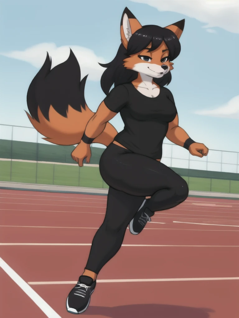 Furry, fox, female, black shirt, black leggings, shoes, running track, solo, full body