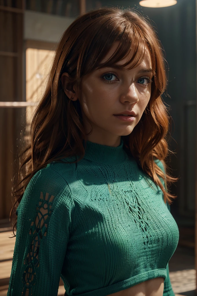 /imagine prompt:Can create a photorealistic image of a woman with the following physical characteristics: curly red hair with darker blonde highlights and bangs, and blue-green eyes? Focus on creating a realistic and aesthetically pleasing image that showcases these characteristics., chaotic, Ancient Egypt, Artwork, side view, Photoshop, Detailed, Installation, azure colors, sci-fi, glowing lighting, Hyperrealistic textures, intricate details, architectural visualization, Corona Render, 8k