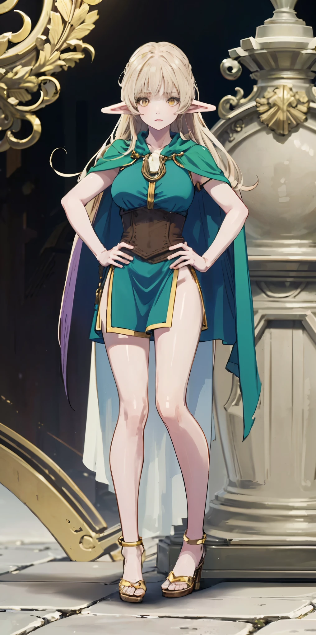 masterpiece, best quality, high quality, elf, long hair, pale hair, yellow eyes, purple skin, deep blue cape with golden ornaments (1solofemale full body standing straight symmetrical, hands on hips) slave with stocks