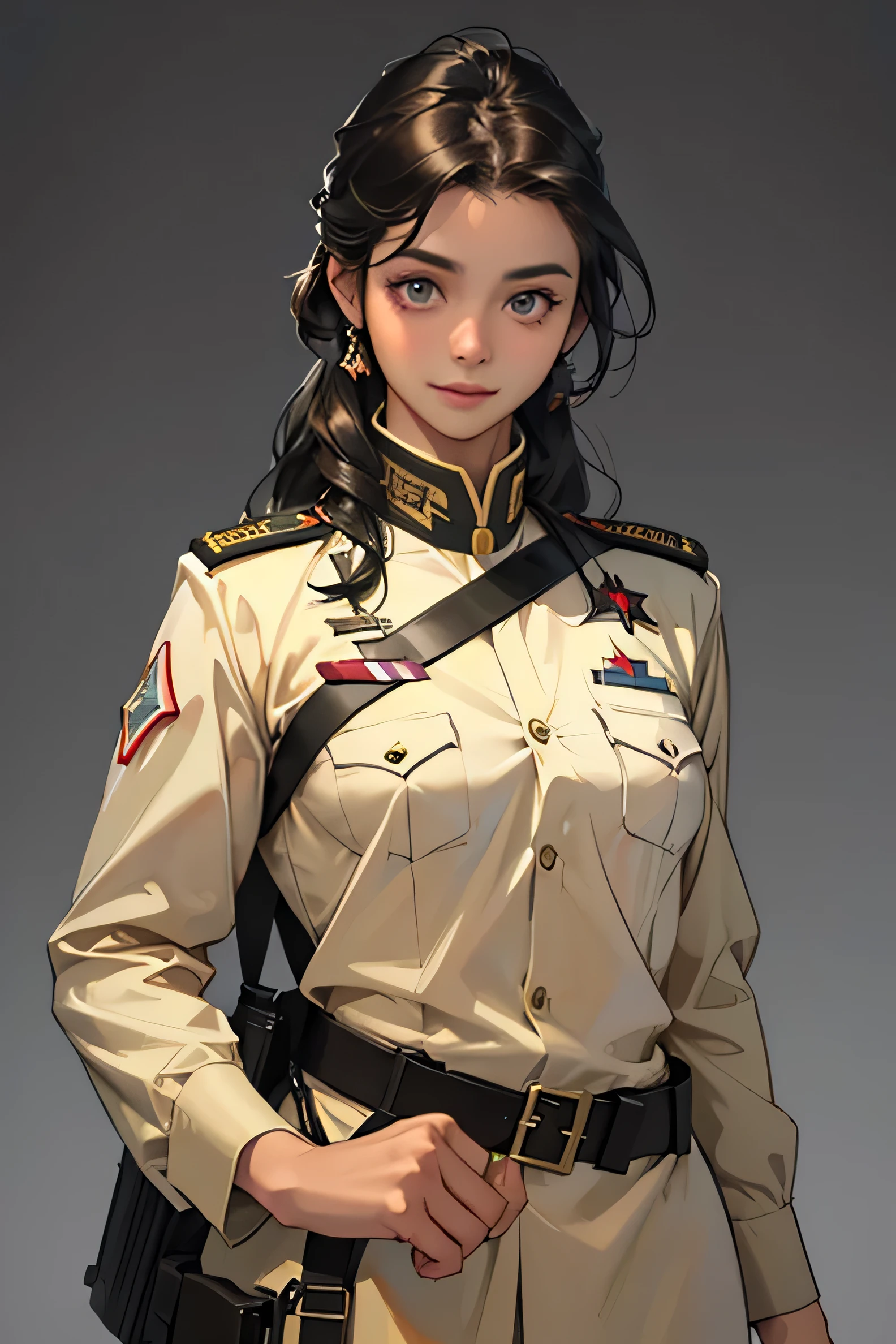 light smile, glowing skin, better quality, illustration, (realistic:1.4) 인도 여성 soldier, indian female officer, soldier, military uniform