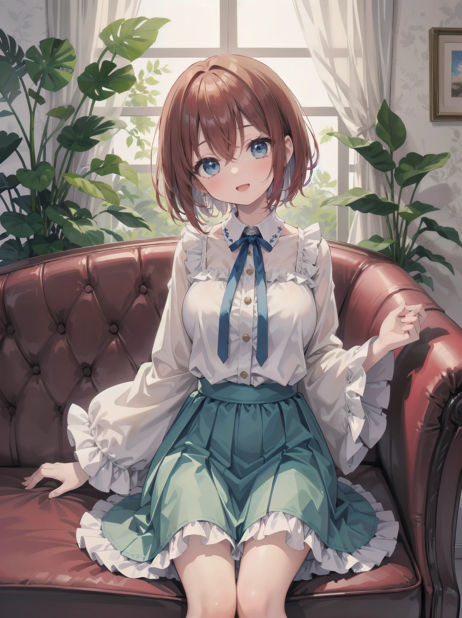 Scene Description: - Composition: Portrait. Focus on the face. Shot from the front. - Subject: Cute girl. (Chibi:1.1). Real person. - Features: - Face: (Cute round face:1.2). - Eyes: Detailed dark blue eyes. - Hair: One-leg bob-cut hair down the front with a large ribbon hairpiece, (golden hair), (red inner hair), auburn hair, hair between the eyes. - Body: Detailed slender body. Large breasts. - Clothing: Pink ruffled blouse, flares, blue ribbon tie, long ruffled sleeves, layered skirt. - Expression: happy expression. Mouth open. - Pose: head tilted back. She is looking at the viewer. - Background: living room of a trendy café. - Elements: Houseplants. Cute pastel sofa. Cute pastel curtains. Cute pastel-colored wallpaper. Time: Daytime. Lighting: (Natural light: 1.4). Art Style: Watercolor. Traditional media. Quality: Intricate details. Highly detailed. Outstanding complexity. (Masterpiece: 1.2). (Highest quality: 1.2). (Absurd absolute resolution: 1.4). Mood: Calm,