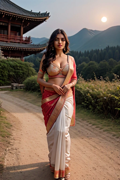 Beautiful indian woman posing, straight photoshoot pose, full body portrait, moonlit night, night time, winter, walking on forest path, detailed face, cute, big eyes, iconic, photorealistic, mountain temple, detailed background, big breasts, sexy thin saree, long wavy hair, cleavage, symmetric face, masterpiece, 8k, ultra realistic