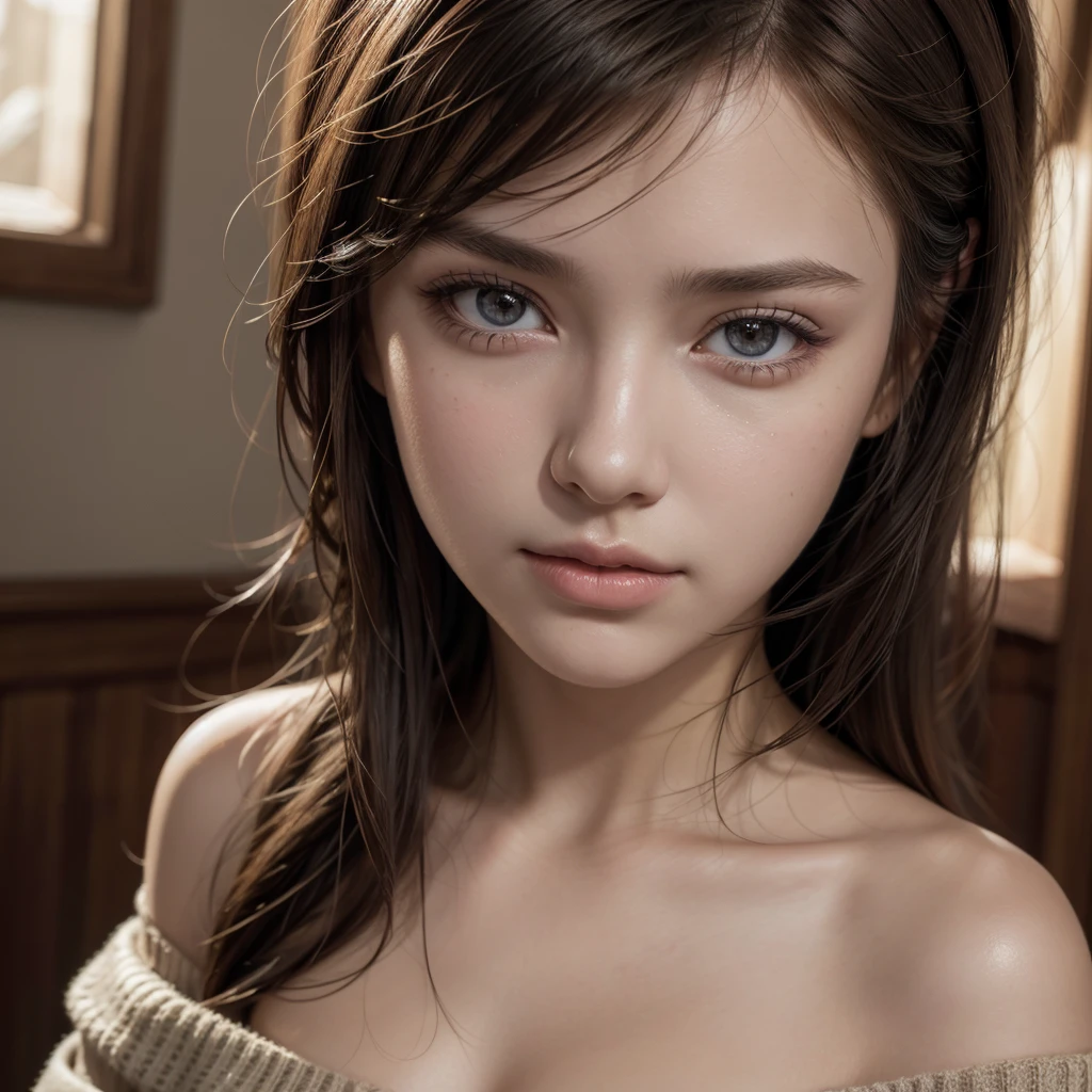 A beautiful girl, detailed portrait of a young woman with shoulder-to-shoulder sweater, intricate and highly detailed, masterpiece, best quality, 8k, realistic, photorealistic, ultra-detailed, sharp focus, physically-based rendering, vivid colors, warm lighting