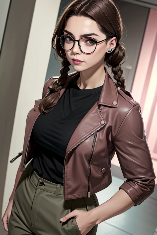 Muscular body woman perfect breasts detailed face blushing glasses black t-shirt pink military leather jacket pink military pants gray military pants pink lips brown hair with double braids 