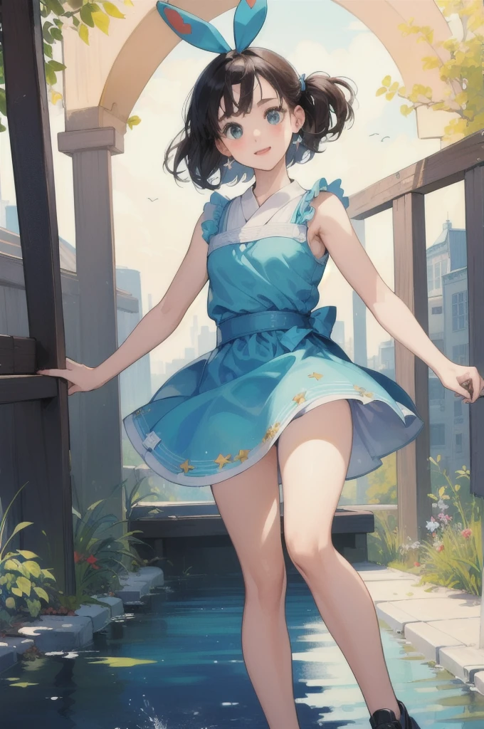 (masterpiece:1.4), (Highest quality:1.4), (High resolution:1.4),Kiki, the girl from the movie Kiki's Delivery Service, Kiki flies through the sky on her broom,Broomstick between the legs,cloud, Black Robe, Red hair ribbon, Her black cat partner Jiji is also riding the broom.