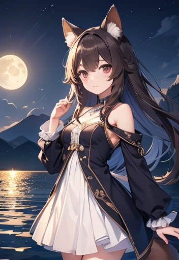 beautiful_lake,beautiful_moon,beautiful_sky,beautiful_night,moonlight,starlight,stary_sky,perfect_quality,perfect_anatomy,deep_fog,firefly,perfect_body,masterpiece,onepiece_dress,INUGAMI_KORONE,brown_dog_ears,brown_hair,brown_eyes,brown_dog_tail,1_beautiful_girl,cute_face,beautiful,best_quality,good_anatomy