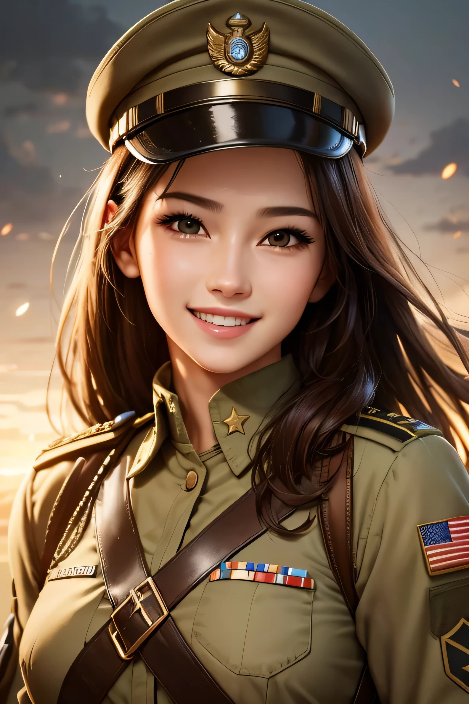 light smile, glowing skin, better quality, illustration, (realistic:1.4) 여성 soldier, female officer, soldier, military uniform