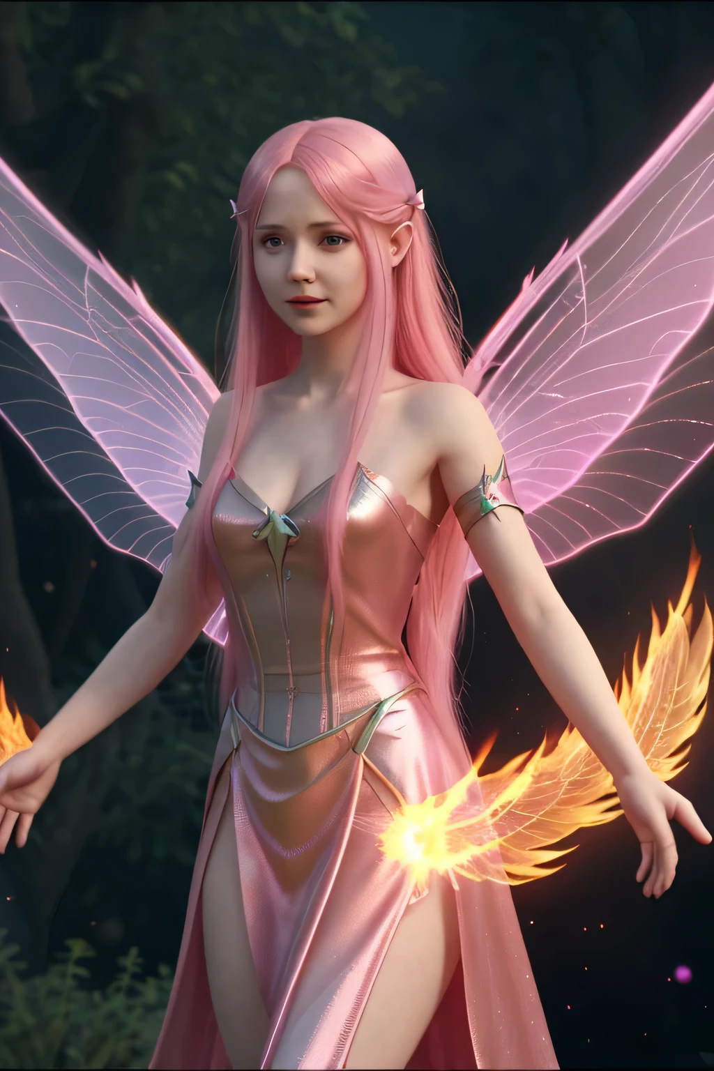 Animation of a Fairy with wings and shiny dress, long pink hair and fire powers and mind reading hd 8k