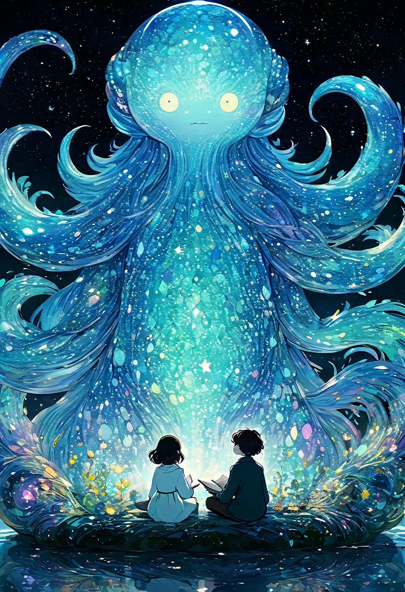 by Julien Arnal,Abstract Pictorial,Cartoon illustration,Sequins,Ambilight,Healing gouache,Starry Sky,Dark night shimmer,Youth Manga,Glass candy wrapper,Bright tones,Gustav Klimt,A huge strange monster and several tiny monsters,Gather together to read books,gorgeous,Beautiful illustrations,Ultra-high-definition picture quality,Self-luminous,Dark Magic,Tyndall Light,Large area of white space,The character is in the center of the frame,Morandi color tone,アニメ,Style,Minimalism,32K,Stable composition,Complex details