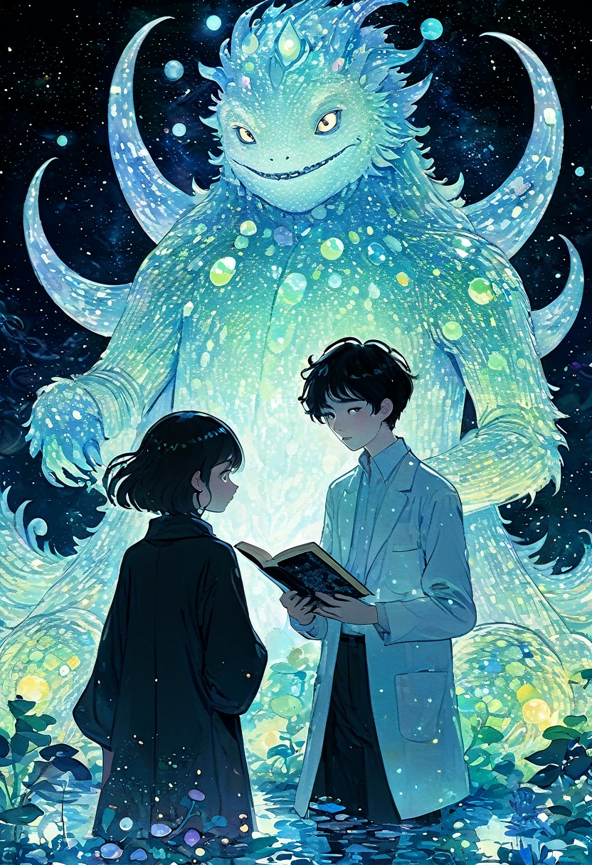 by Julien Arnal,Abstract Pictorial,Cartoon illustration,Sequins,Ambilight,Healing gouache,Starry Sky,Dark night shimmer,Youth Manga,Glass candy wrapper,Bright tones,Gustav Klimt,A huge strange monster and several tiny monsters,Gather together to read books,gorgeous,Beautiful illustrations,Ultra-high-definition picture quality,Self-luminous,Dark Magic,Tyndall Light,Large area of white space,The character is in the center of the frame,Morandi color tone,アニメ,Style,Minimalism,32K,Stable composition,Complex details