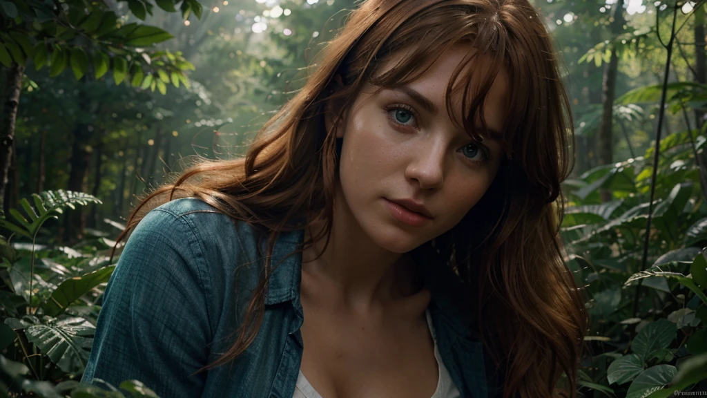 /imagine prompt:Can create a photorealistic image of a woman with the following physical characteristics: curly red hair with darker blonde highlights and bangs, and blue-green eyes? Focus on creating a realistic and aesthetically pleasing image that showcases these characteristics., Serene, Club, Ghostcore, low angle, 3D modeling, cinematic, Digital painting, opalescent colors, McBling, anamorphic lens flare lighting, ultra-realistic, highly detailed, natural lighting, forest environment, Unreal engine, 8k