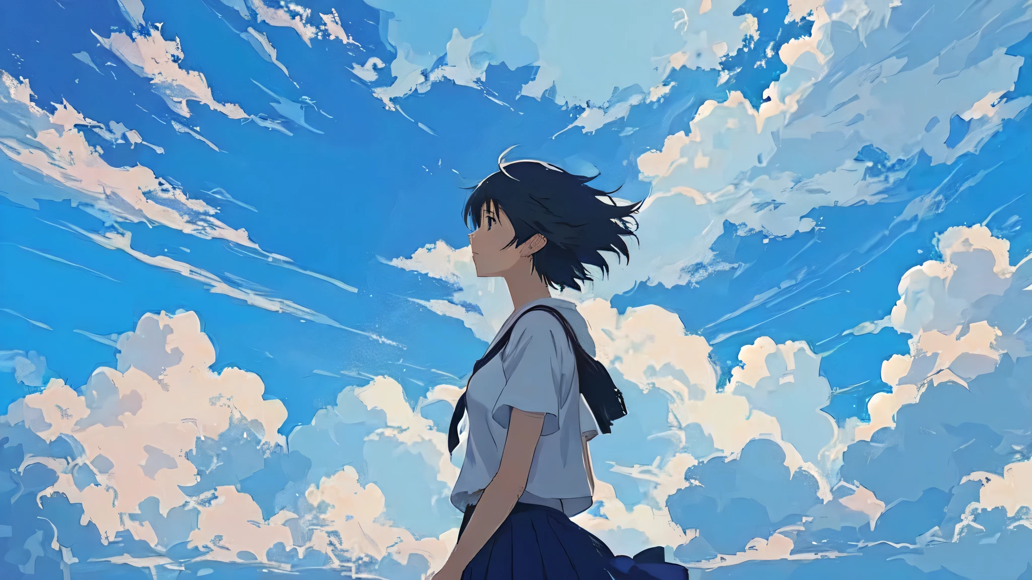 anime girl looking at the sky with clouds in the background, anime clouds, Girl Cloud, Makoto Shinkai Cyril Rolland, anime sky, anime background, in Makoto Shinkai&#39;s Style, Makoto Shinkai&#39;s art style, Beautiful fluffy clouds. anime, 4K Manga Wallpapers, Makoto Shinkai&#39;s Style, Conrad Rothe and Makoto Shinkai