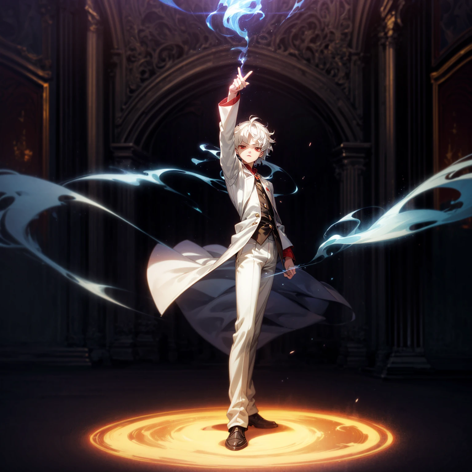 Solo, vampire, boy, Full body version, light red eyes, wavy haircut, white color hair, suit style outfit, Grassroots, full background indoor room Castle, motion blur, lighting, (one piece style art), light fire on hand, light fire in hand, standing gesture, light fire blue, smoke effect, plasma effect, aura effect, evening, ultra detailed