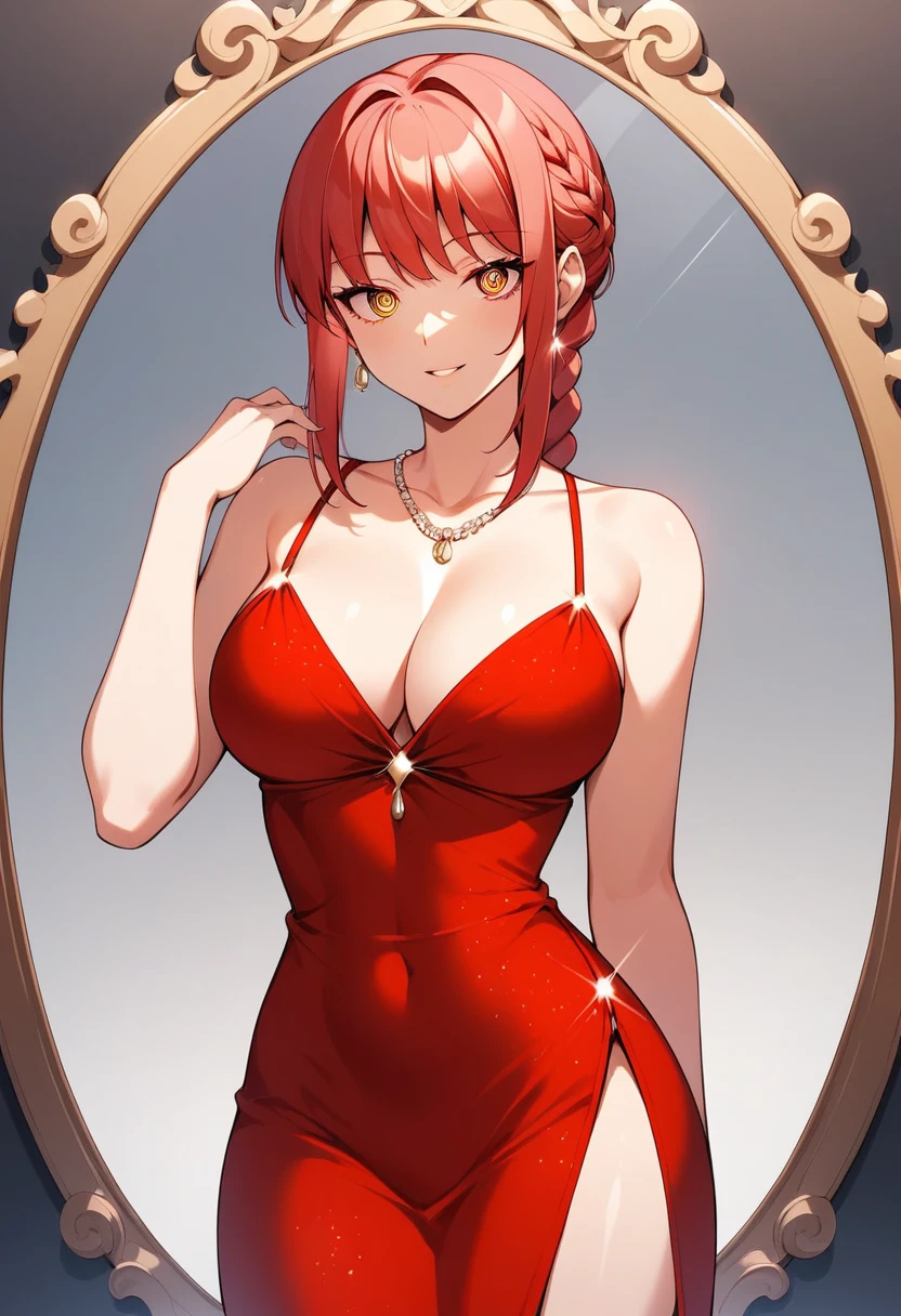 1girl, solo, makima, braided ponytail, ringed eyes, (masterpiece), best quality, expressive eyes, perfect face, a close up of a woman in a red dress standing in front of a mirror, wearing an evening gown, wearing an elegant dress, in a red dress, wearing a red dress, elegant red dress, wearing red dress, red dress, in long red or blue dresses, girl wears a red dress, she arrived in a red dress, elegant dress, with a thin waist, tes