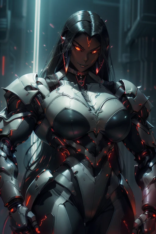 ((Close-up)), tall, (black hair) beautiful muscular woman, long straight hair, light brown skinned, closed smile, (black lipstick), (massive muscles), (hyper muscle), (ginormous bulky muscles), glowing orange eyes, ((full black cybernetic suit of armor)), (cybernetic pants), choker, boots, in a neon city,