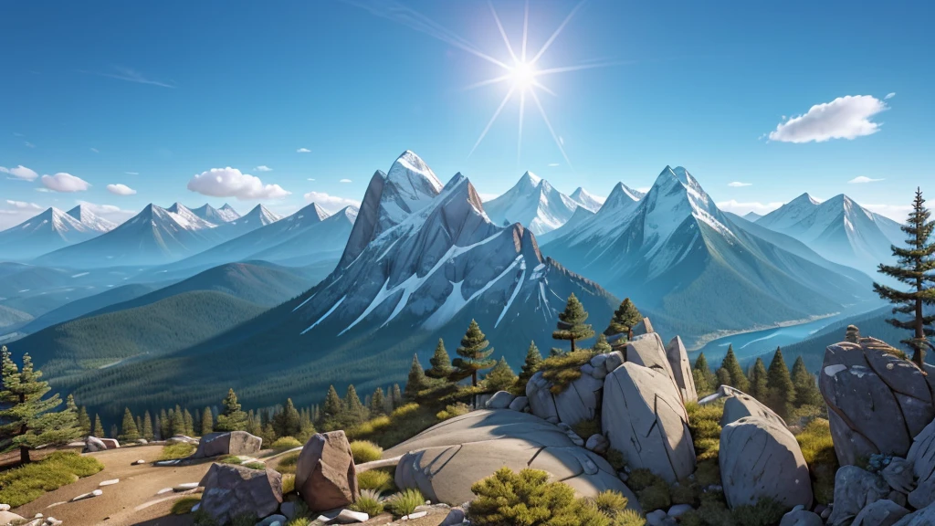majestic mountain, rising imposingly against a crystal blue sky. The mountain must have snow-capped peaks that shine in the sunlight, contrasting with the rocky slopes below. Add Sparse Greenery Details, like pine trees and bushes, in the lower parts of the mountain. A stream or small waterfall may be visible, descending through the rocks. The light and shadows should highlight the texture of the rock and the grandeur of the peaks. The image must convey the grandeur and serenity of wild nature.