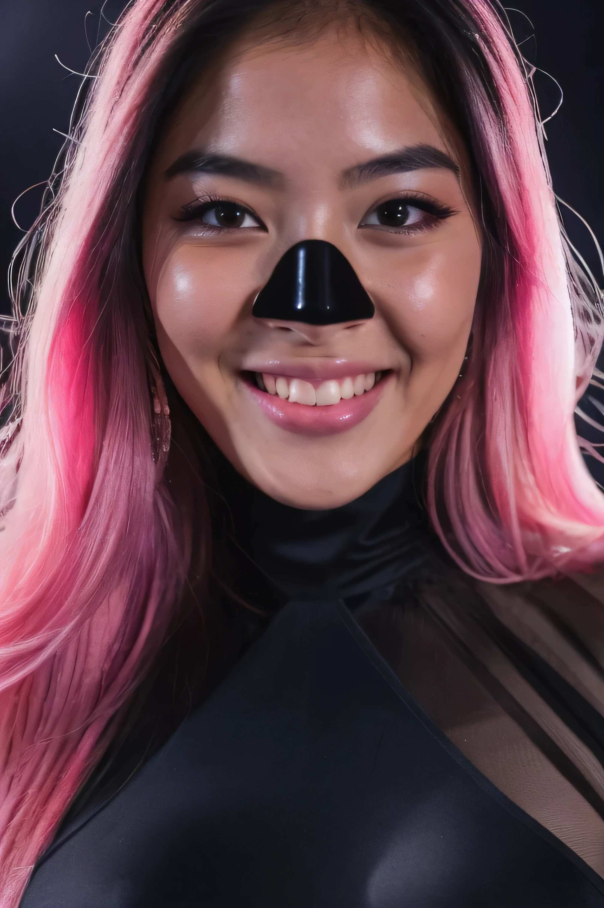 best qualityer, ultra high resolution, (photorrealistic:1.4), 1 girl, KOREAN, Doll face, Long pink hair, Body with curves, black flowy dress, futuristic night background, She has a beautiful smile on her face, (realistic character),