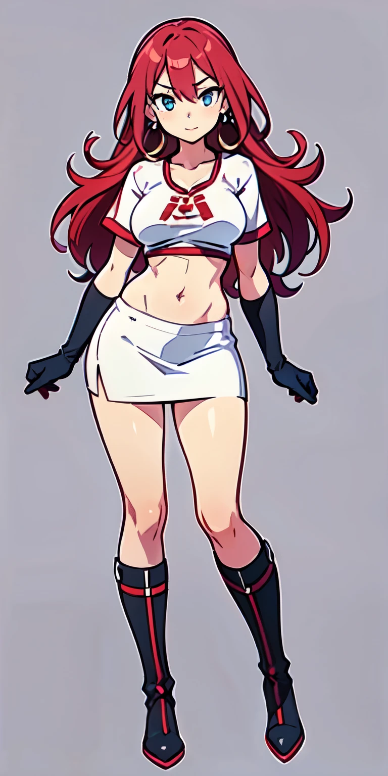 (Solo 1 mujer) Professional anime drawing, Dynamic view (front back mostly) full length, light-skinned female, 16 years old, symmetrical face, long curly magenta hair, blue eyes, crimson red lipstick, slim build and perfect figure, chest Firm and striking, he is approximately 1.65 meters tall, his usual attire consists of a tight white top with a red large R logo, underneath a cropped black T-shirt that reveals his belly button, long black boots and gloves, round colored stud earrings Green, White Tight Micro Skirt, Extremely Detailed Intricate Image