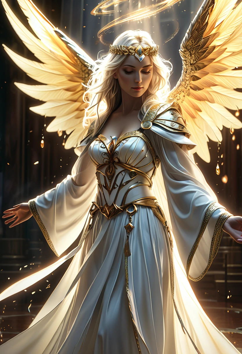 (best quality,4k,8k,highres,masterpiece:1.2),ultra-detailed,(realistic,photorealistic,photo-realistic:1.37),summoned from a magic square,dimensions-shifting holy priest,imposing angel figure,otherworldly,beautiful,highly detailed face and body,white angelic robe,mystical aura,glowing fiery eyes,warm,heavenly atmosphere,dramatic lighting,cold color palette,magical particles swirling around,angleic energy emanating,powerful presence,ethereal beauty,captivating gaze,calming presence,mesmerizing,enchanting