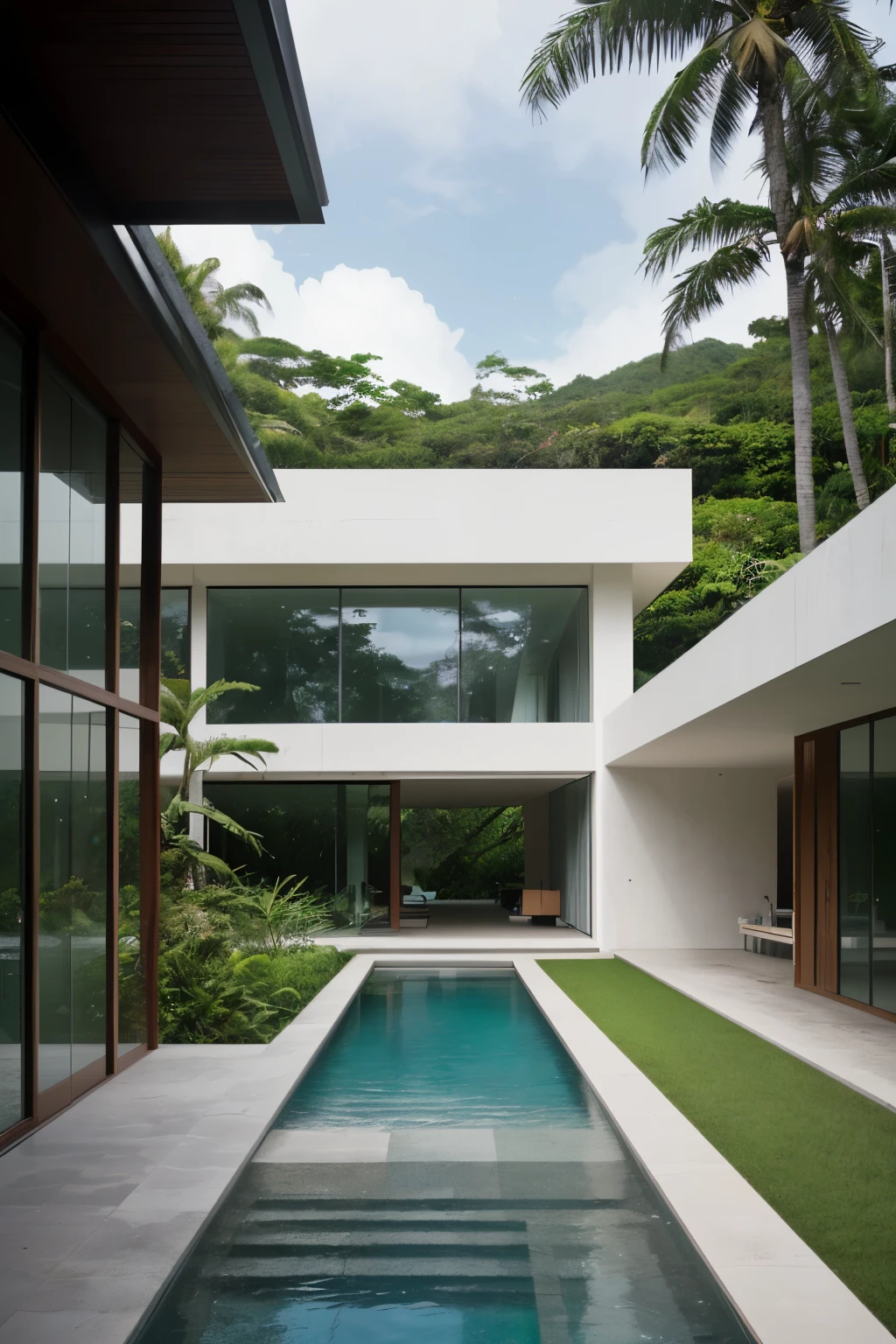 A wide angle shot shows the front view of a contemporary two-story villa with white walls and glass windows, design by Tadao ando,surrounded by lush greenery. It features an outdoor pool area overlooking the ocean at natural light. Stone pathways lead to multiple pools within the yard, adorned with vibrant tropical plants,architecture photography award, iwan baan, Taken on a Canon EOS R5 using a Canon RF 24-70mm f/2.8L IS USM lens at an F3.2 aperture setting in the style of Canon --ar 16:9 --c 5 --s 50 --v 6.0