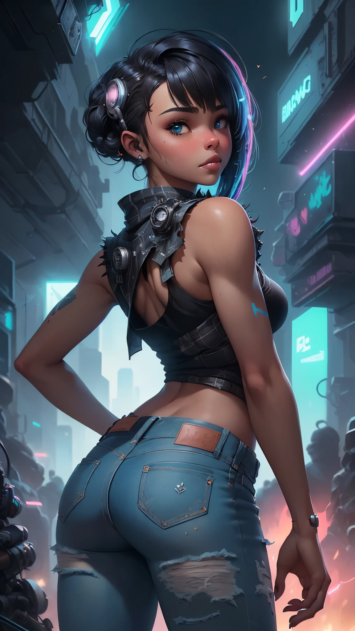 style of santiago caruso,1 Girl,Solitary，Blue Background，Oversized ，(dark ebony skin:1.4), (Hip-hop style:1.4) ，(Black plaid sleeveless T-shirt:1.4) ，(medias blancas brillantes/pantys:1.4),(jeans white :1.4) ，One hand behind your Back，Looking at the audience，(Soft and Straightforward Cyberpunk Hairstyle:1.5), Glowing fluorescent hair，Simple style，Wide Angle,Dynamic Angle，Slanted screen composition，(bangs_fixed_Back:1.5),(head_tilt:1.7),(The blush can be seen through the hair:1.4) , Epic Fantasy Art Style HD, 4K fantasy art, epic fantasy digital art style, epic fantasy art style, Fantasy Woman, epic fantasy art portrait, Epic fantasy style, hyperrealistic fantasy art, hd fantasy art, Epic fantasy character art, epic fantasy art, in style of dark fantasy art, epic fantasy digital art, (anatomía perfecta :1.4), (iluminación cinematográfica :1.4),( face detailed :1.4), (pose vaquero), (tiene un hermoso culo:1.4 ), (cabello white canoso :1.4), (colores brillantes), (cyberpunk style :1.4), (dark ebony skin:1.4), (rear view, backside view),
