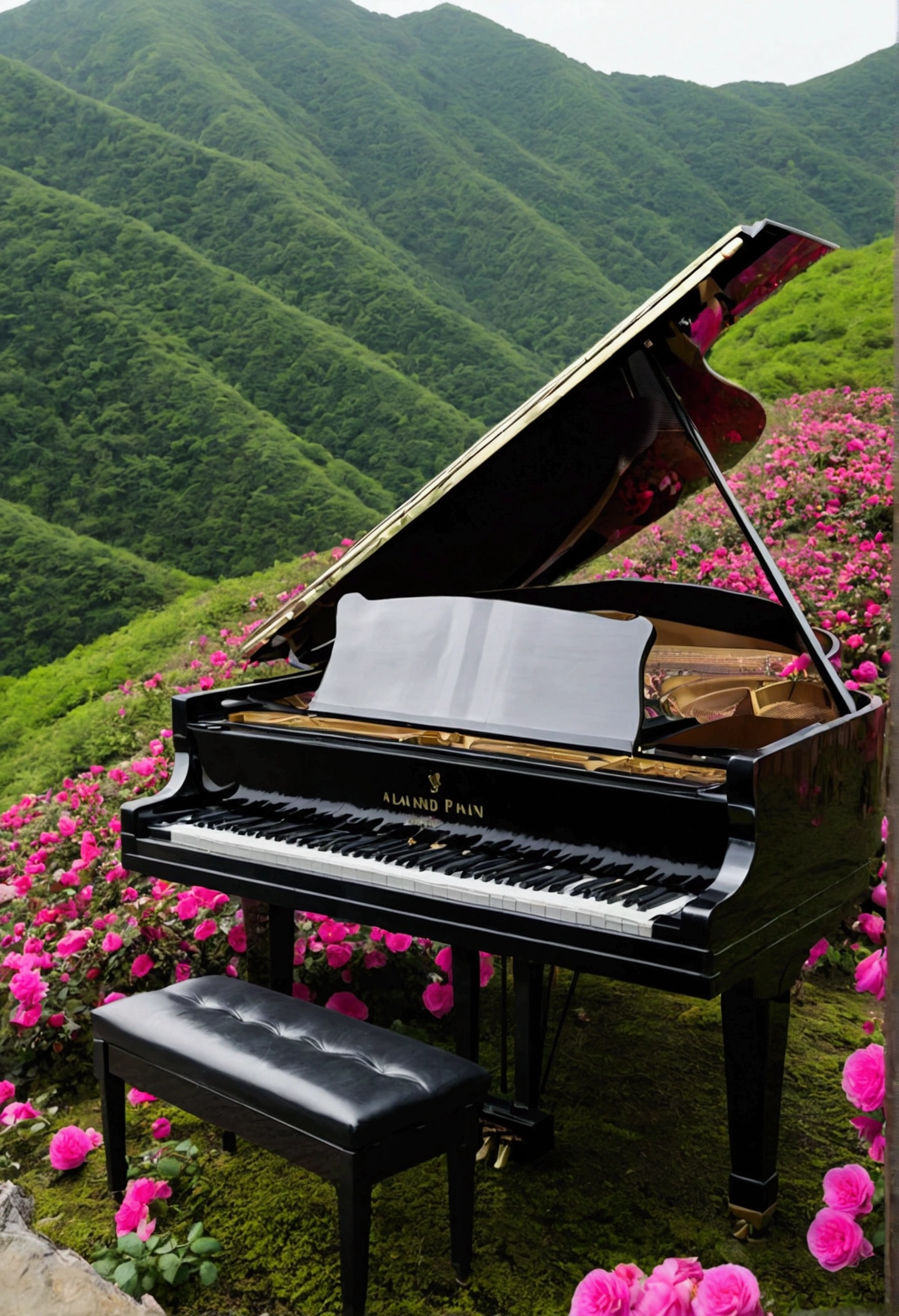A grand piano placed in a deserted mountain where wild roses bloom。山の中