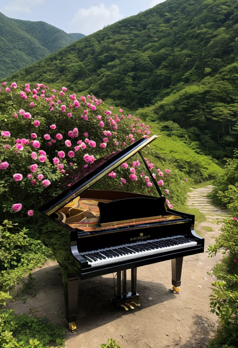 A grand piano placed in a deserted mountain where wild roses bloom。山の中