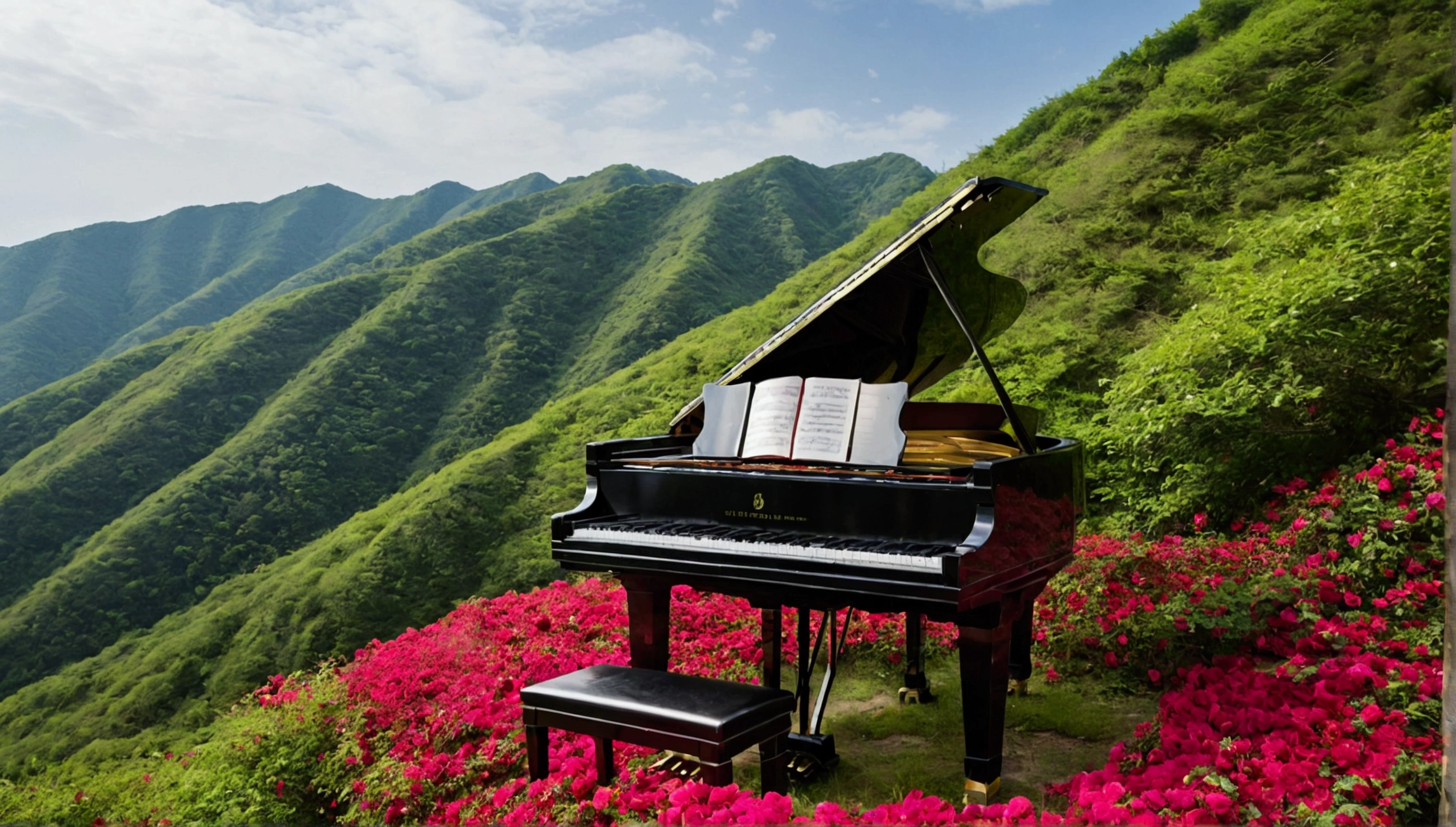 A grand piano placed in a deserted mountain where wild roses bloom。山の中