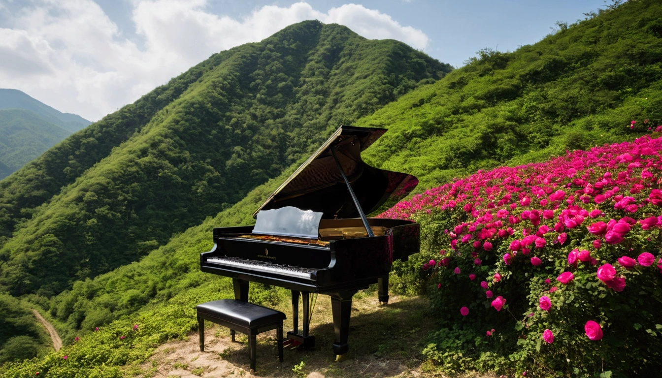 A grand piano placed in a deserted mountain where wild roses bloom。山の中