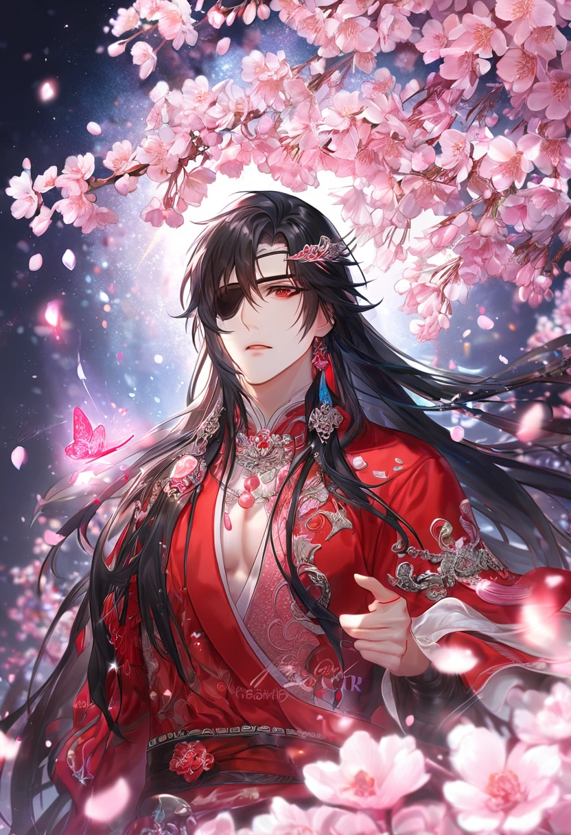absurdres, highres, ultra detailed, HDR, master piece, best quality, extremely detailed, Hua Cheng, black hair, long hair, expressive red eyes, Heaven Official's Blessing, solo, sexy man, handsome, sensual, red robes, black eye patch, fantasy, magical, sparkling, pink glittering fireflies, pink ice, pink ice butterflies, pink ice petals, pink ice cherry blossoms, pink crystal