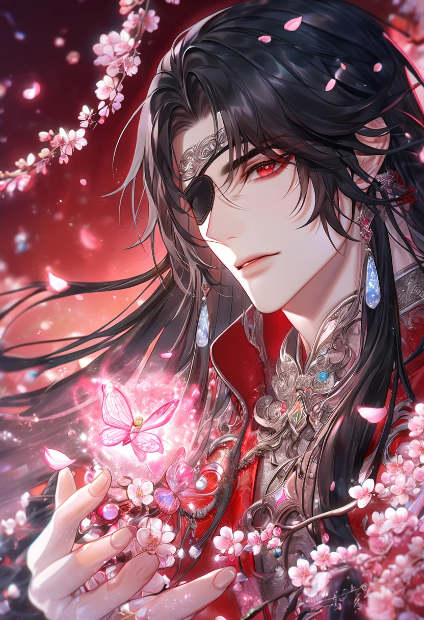 absurdres, highres, ultra detailed, HDR, master piece, best quality, extremely detailed, Hua Cheng, black hair, long hair, expressive red eyes, Heaven Official's Blessing, solo, sexy man, handsome, sensual, red robes, black eye patch, fantasy, magical, sparkling, pink glittering fireflies, pink ice, pink ice butterflies, pink ice petals, pink ice cherry blossoms, pink crystal