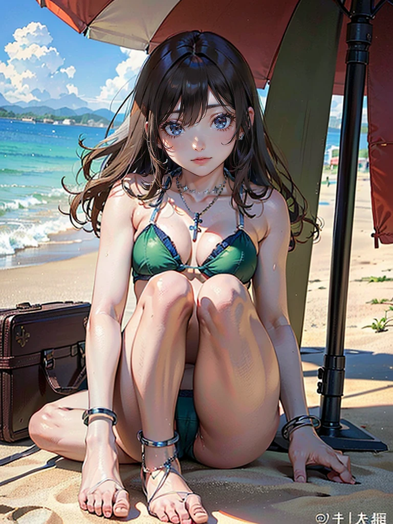 (masterpiece, Highest quality:1.3), (Super detailed:1.2), (hyperRealistic:1.3), (RAW Photos:1.2), High-definition RAW color photos, Professional photos, (PhotoRealistic:1.4), (Realistic:1.4), Professional Lighting, Perfect Anatomy, (Small breasts:1.2), (blue eyes:1.8)、Detailed face), (Angry expression:1.5), (Brown Hair:1.5), Long Hair、 necklace, bracelet, Sexy, erotic Sexy, Random sexy gravure poses, (Beautiful woman in a green cross-back bikini、Sitting in the shade of a beach umbrella and winking。A simple silver anklet to adorn your feet.。: 1.3)