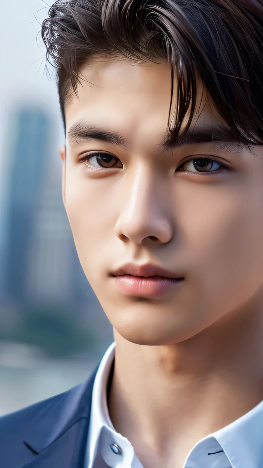 Highest quality, masterpiece, Ultra-high resolution, (Realistic: 1.4), Original photo, wallpaper, Head Photo, skin, Simple Background, Iris, detailed, Selfie, 1 boy, 18-year-old, good looking, Wind,Navy blue suit
