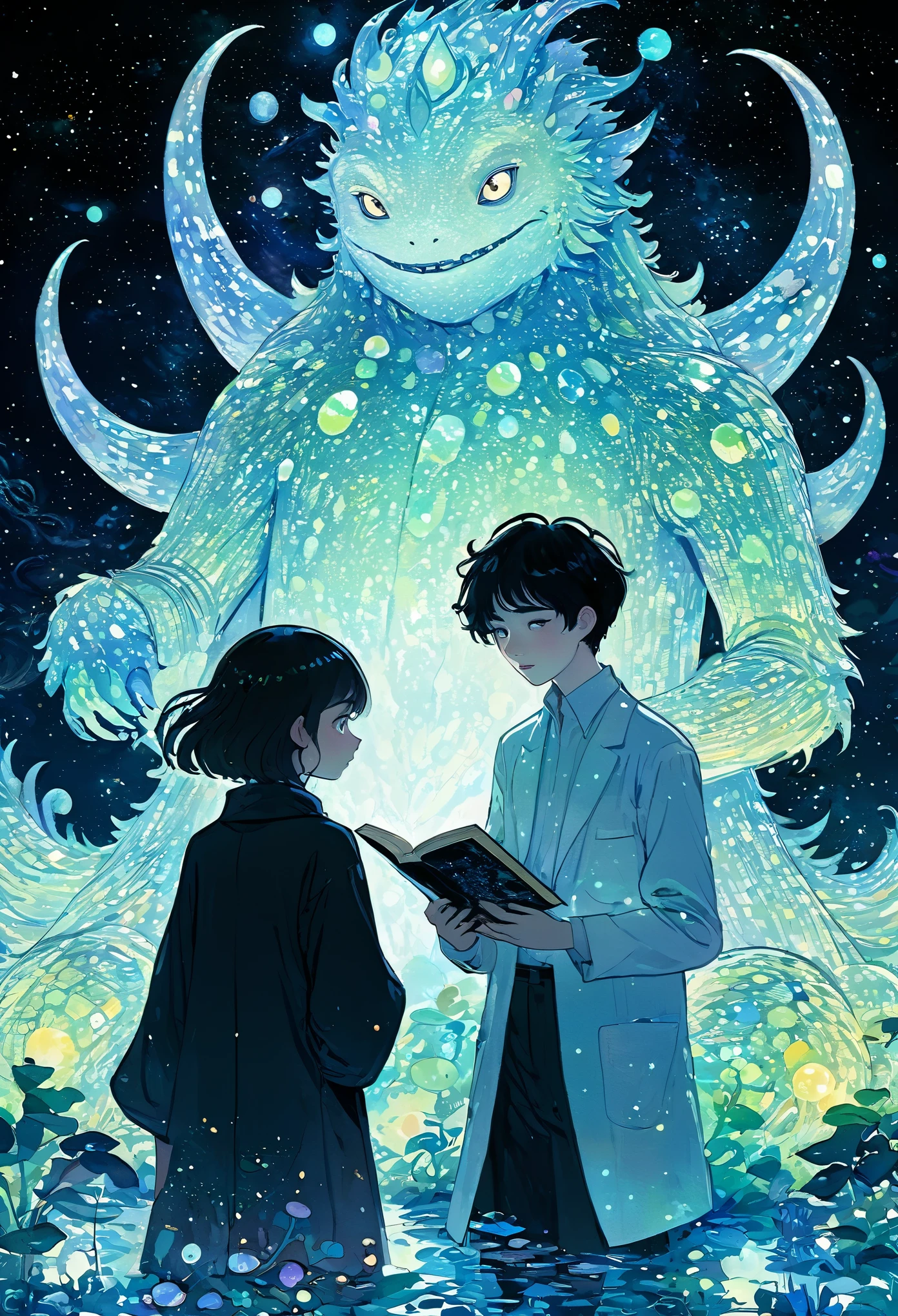 by Julien Arnal,Abstract Pictorial,Cartoon illustration,Sequins,Ambilight,Healing gouache,Starry Sky,Dark night shimmer,Youth Manga,Glass candy wrapper,Bright tones,Gustav Klimt,A huge strange monster and several tiny monsters,Gather together to read books,gorgeous,Beautiful illustrations,Ultra-high-definition picture quality,Self-luminous,Dark Magic,Tyndall Light,Large area of white space,The character is in the center of the frame,Morandi color tone,アニメ,Style,Minimalism,32K,Stable composition,Complex details