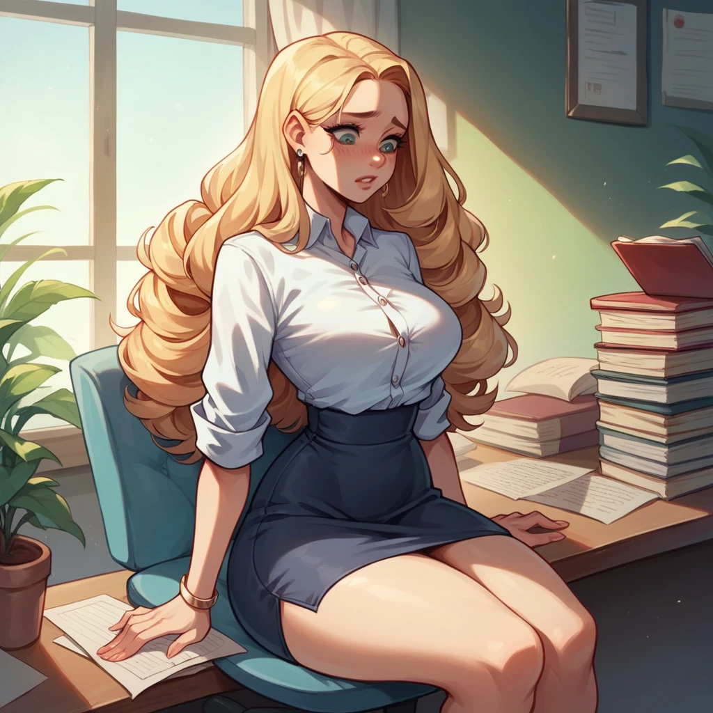 Beautiful woman 25 years old, not very high, long curly light blonde hair, Thin waist, big tits, well-shaped and large hips. She wears a secretary uniform, sitting on her folder, she is worried reading some files, Office
