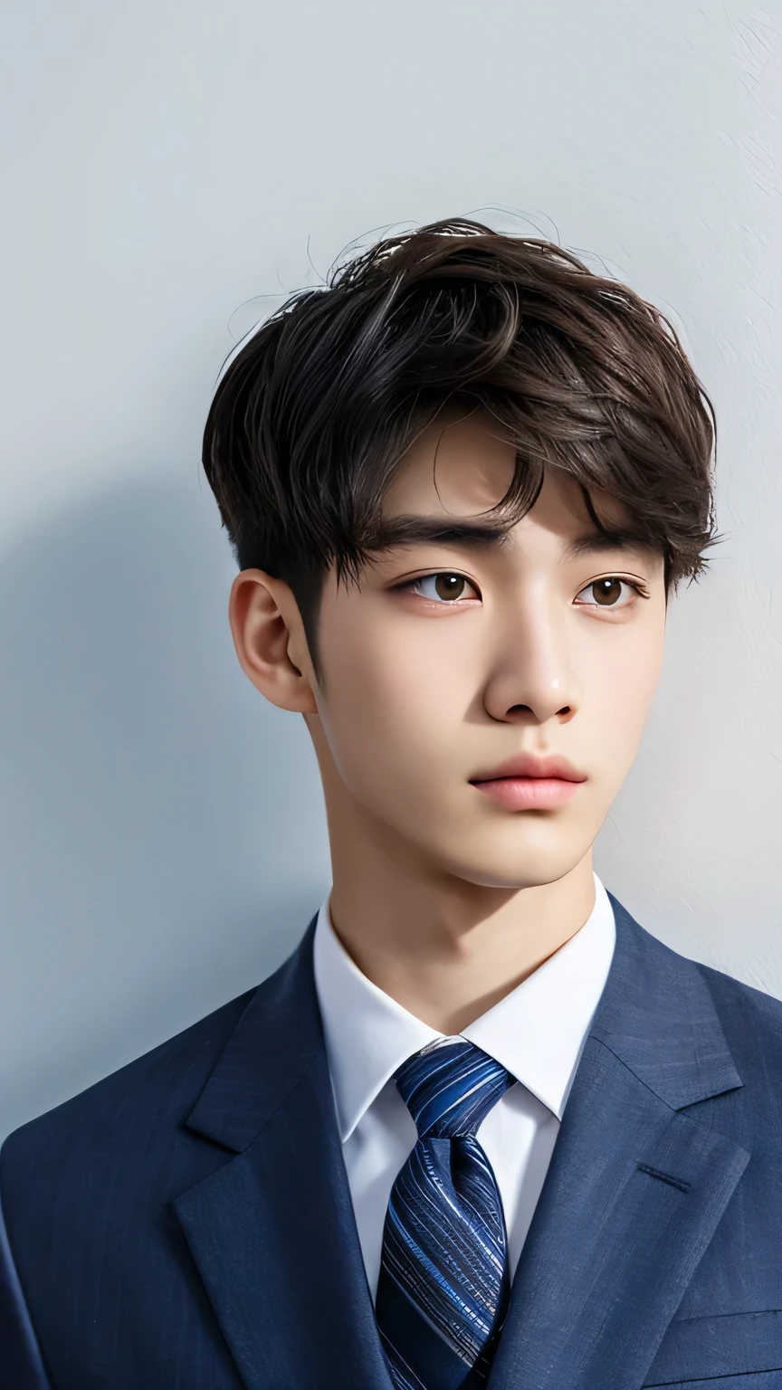 Highest quality, masterpiece, Ultra-high resolution, (Realistic: 1.4), Original photo, wallpaper, Head Photo, skin, Simple Background, Iris, detailed, Selfie, 1 boy, 18-year-old, good looking, Wind,Navy blue suit