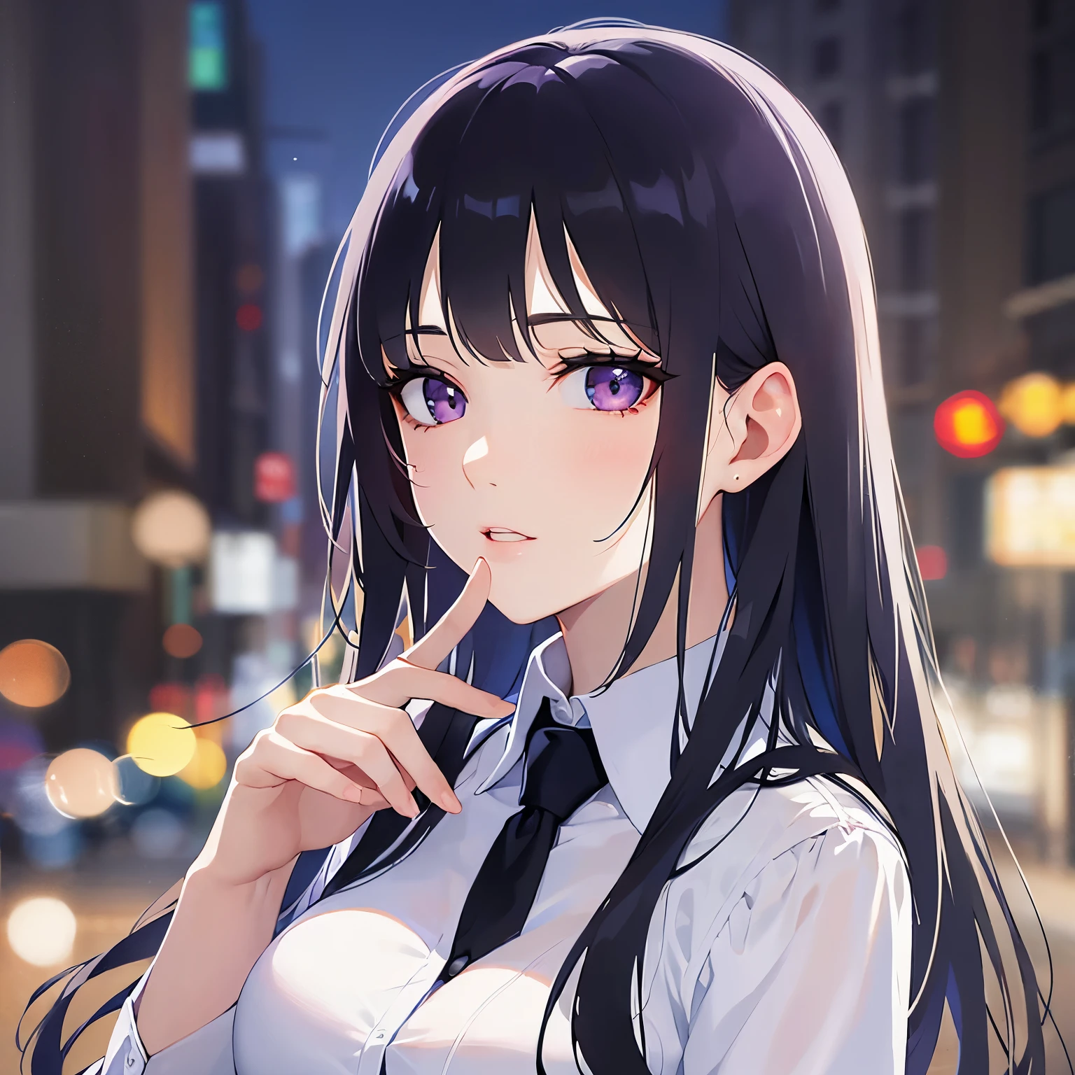 (looking up:1.5)、 finger to mouth、
Realistic, real person, (pale skin: 1.2), RAW photo, photorealistic, shiny skin, shiny hair、
(A 25-year-old woman with straight hair and bangs) and (medium hair) and (black hair) and (purple eyes) ,
(Wearing a business suit) and (Wearing a white collared shirt)、
Cleavage、The background is the city at night,(Night Sky:1.5)